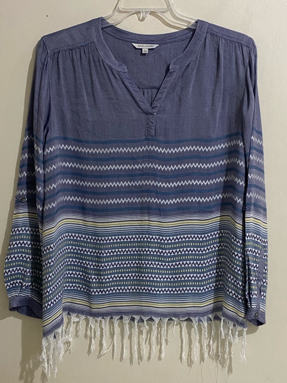 John Mark Blue Striped Fringe-Hem Tunic Top Size L